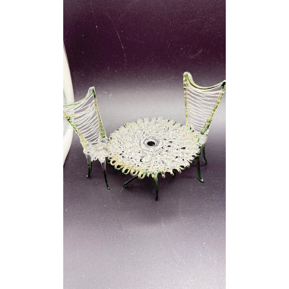 Vintage Spun Glass Miniature Bistro Set Table and 2 Chairs Green White Accents